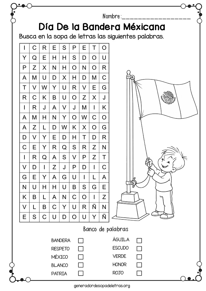 Sopa de Letras de la Bandera de México para imprimir en PDF — hoja de actividades